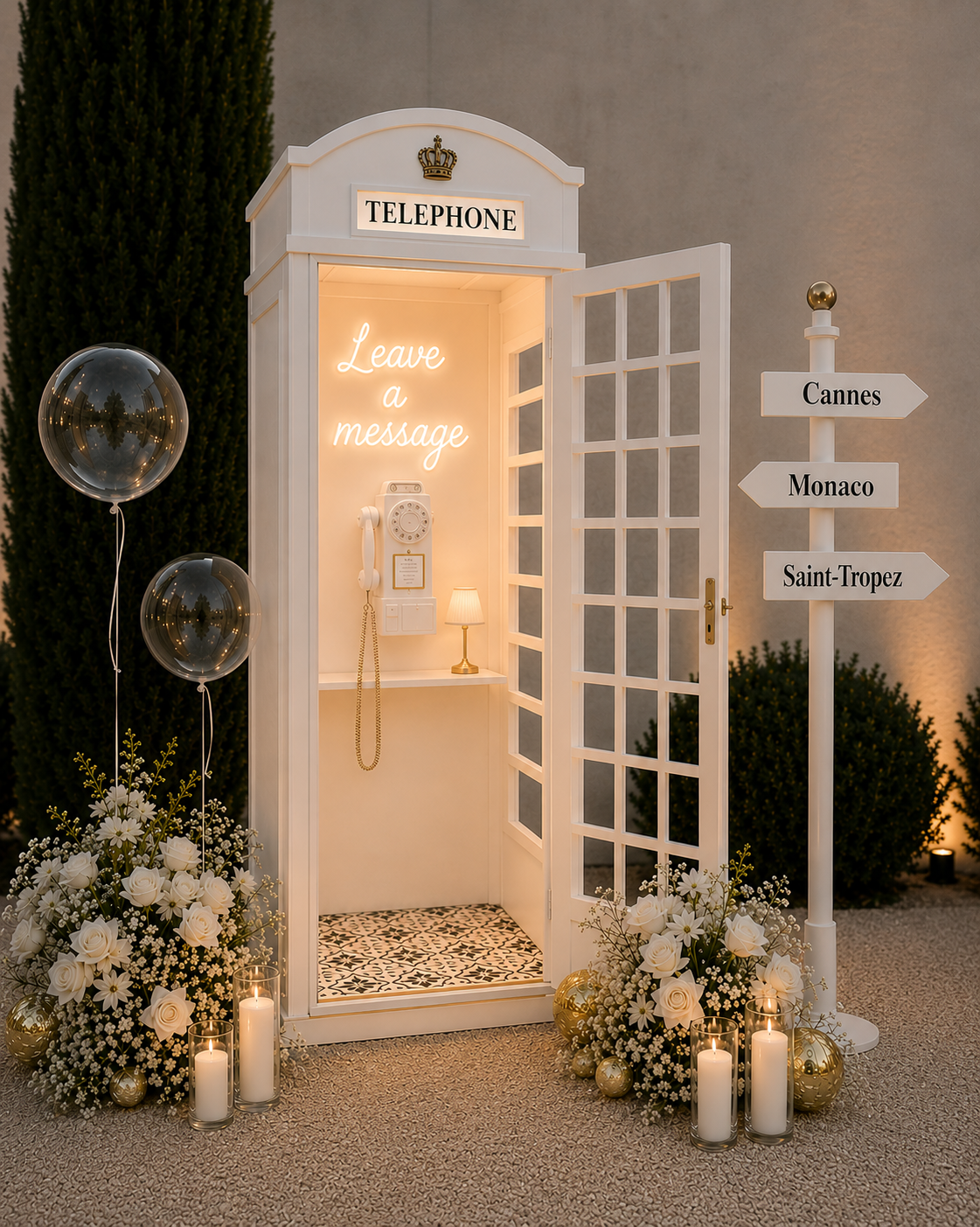 Riviera Cart Society vintage telephone photo and audio booth in ivory and gold at a Cap d'Antibes villa party