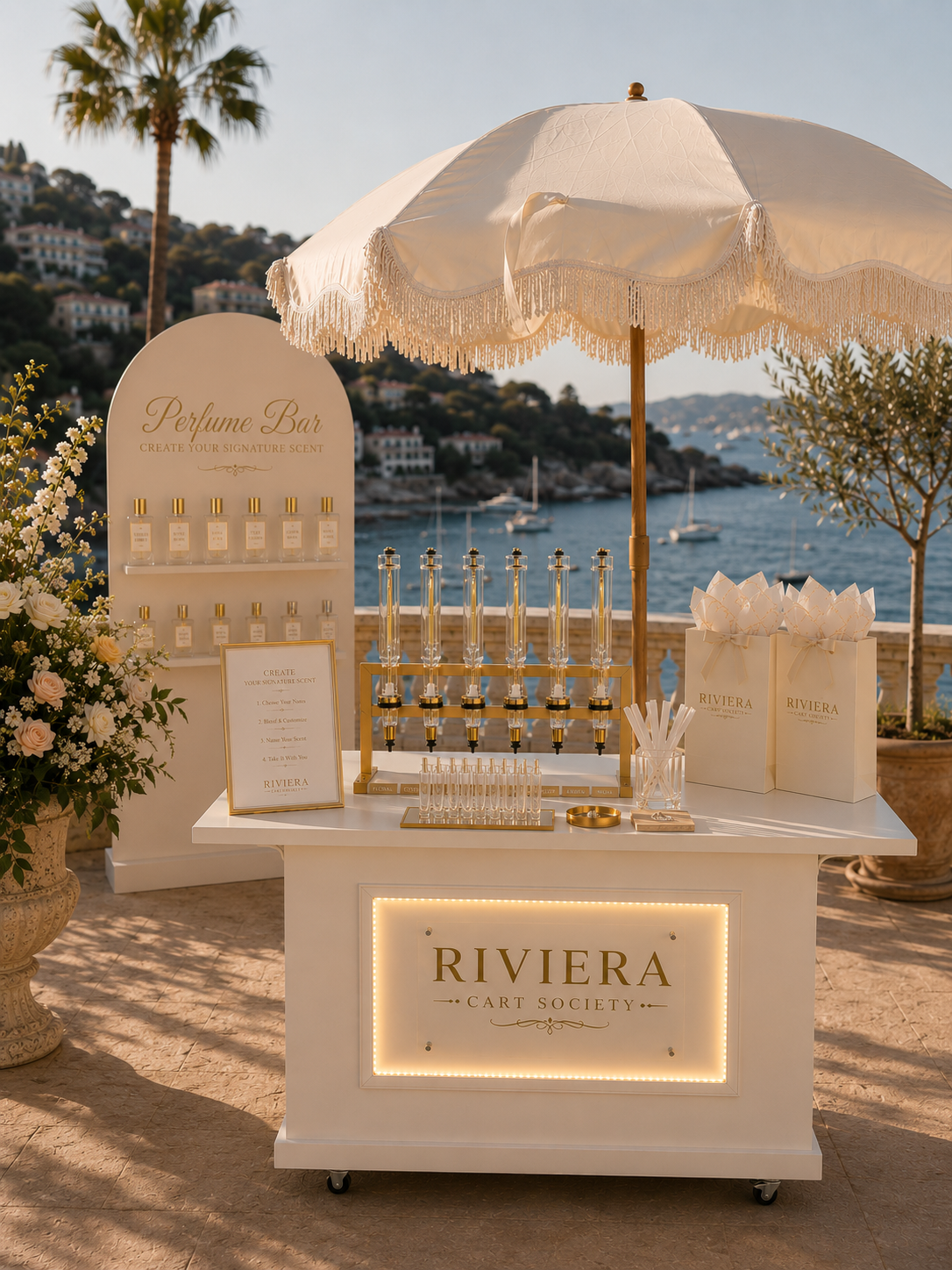 Riviera Cart Society perfume bar with flacons and gold detailing set for a villa event at Cap-Ferrat