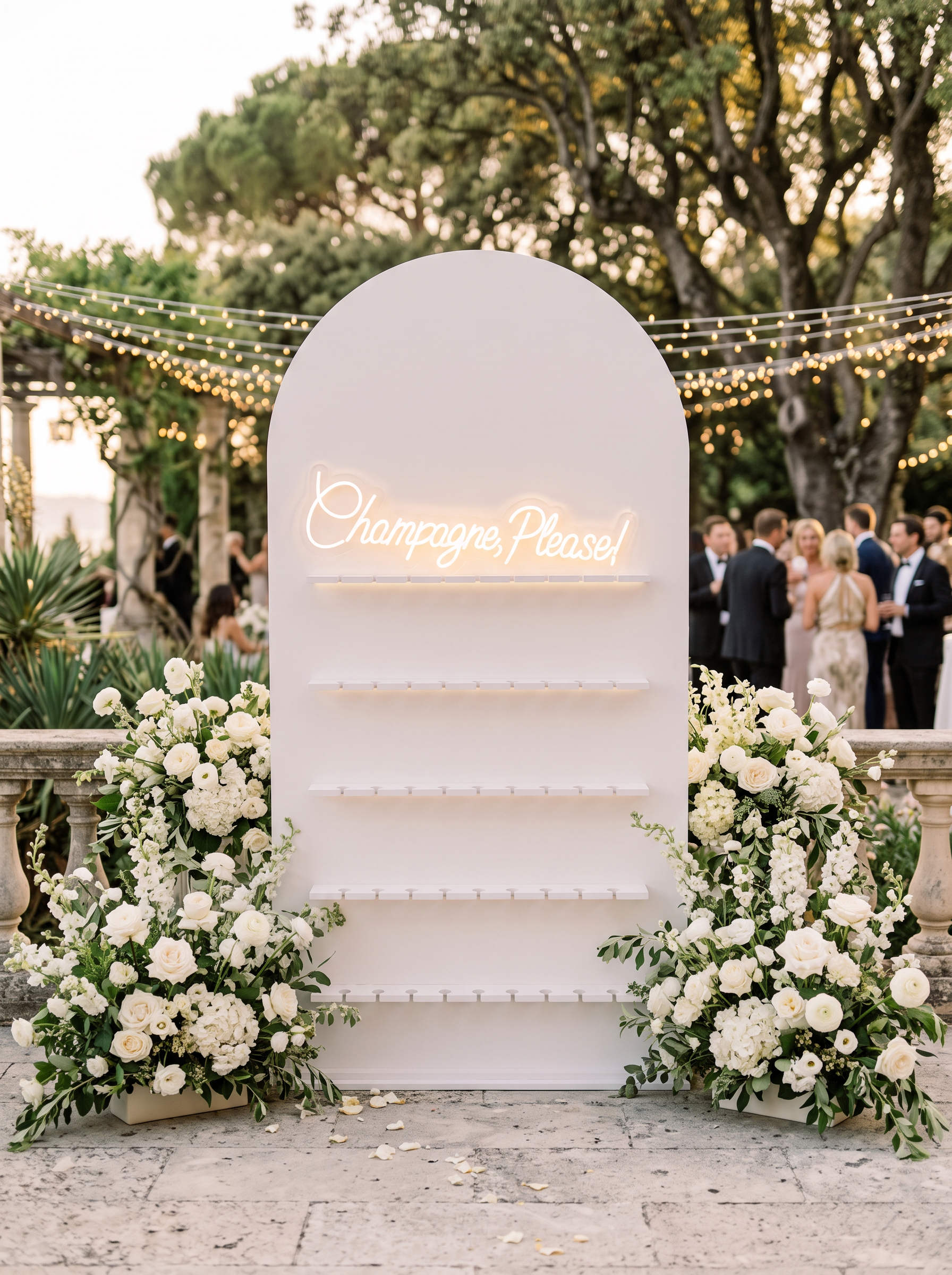 Riviera Cart Society champagne wall with crystal coupes prepared for a Monaco event