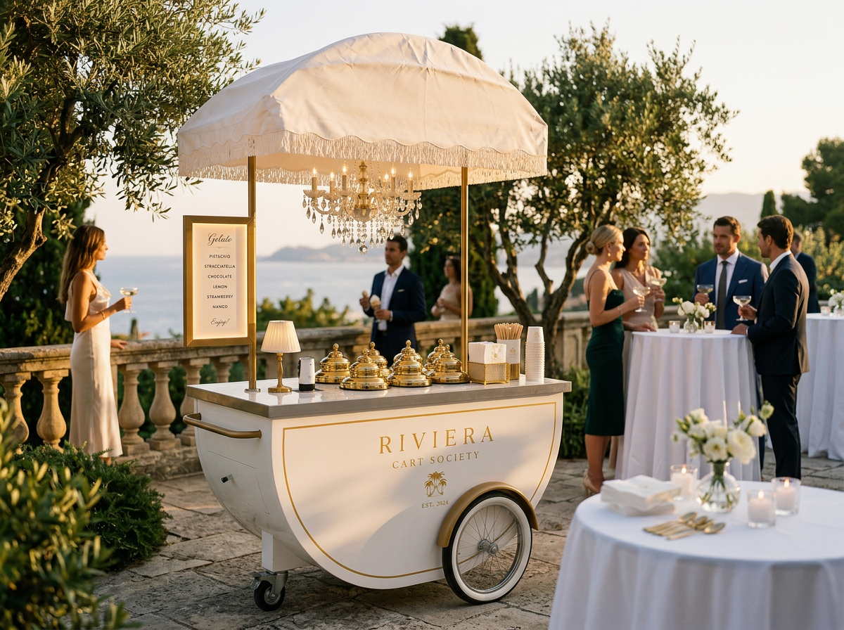 Riviera Cart Society gelato cart set on a sea-view terrace at golden hour during a French Riviera event
